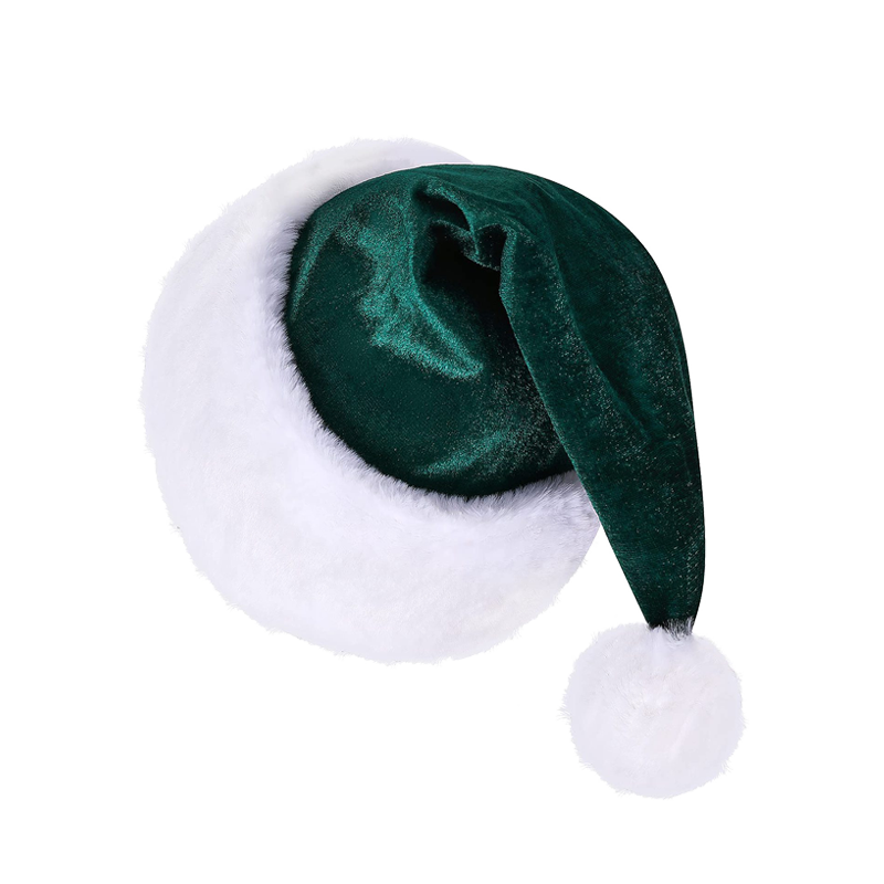 Green Santa Hat Velvet Christmas Cap for Adults with Plush Trim Holiday Party