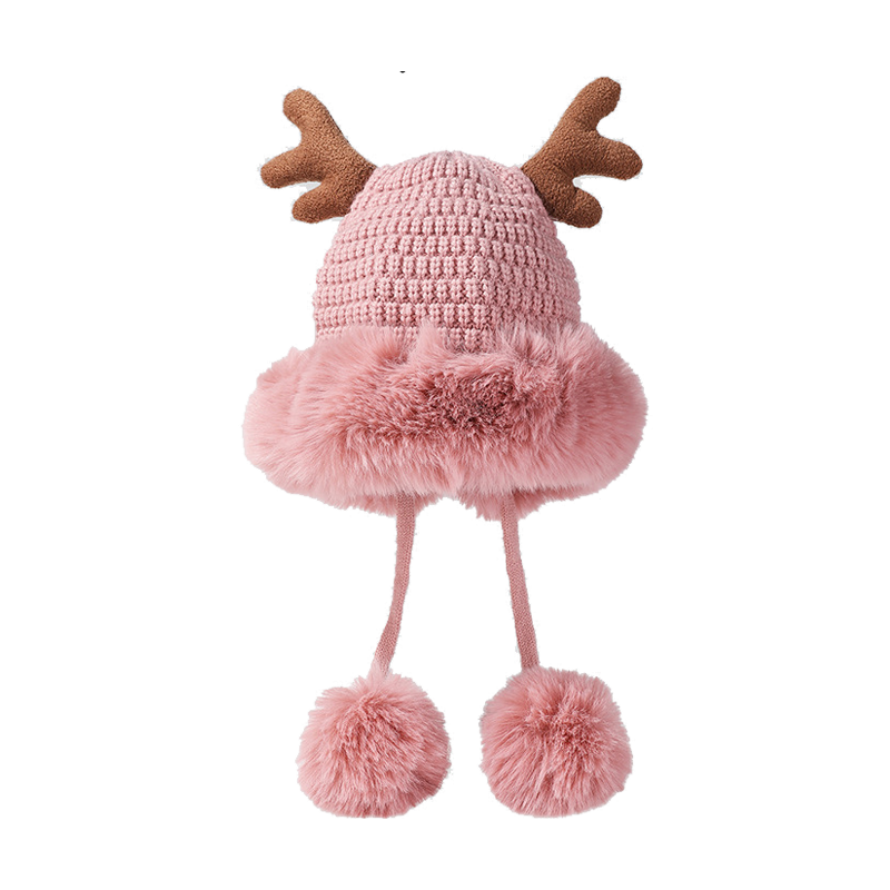Pink Santa Hat Knitted Santa Claus Hat with Antlers Fluffy Winter Warm Beanie