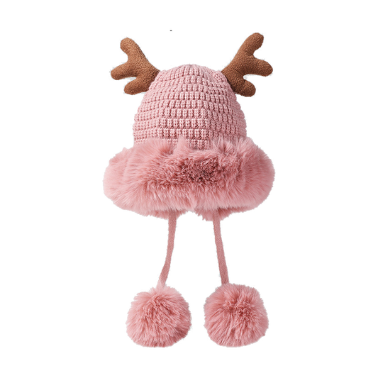 Pink Santa Hat Knitted Santa Claus Hat with Antlers Fluffy Winter Warm Beanie