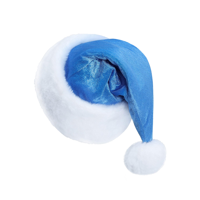 Blue Santa Hat Velvet Christmas Cap for Adults with Soft Plush Trim Party Style