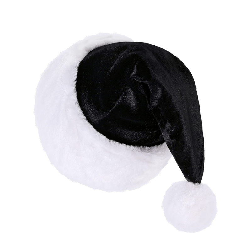 Black Santa Hat Velvet Christmas Cap Soft Thick Santa Claus Hat in Black and White