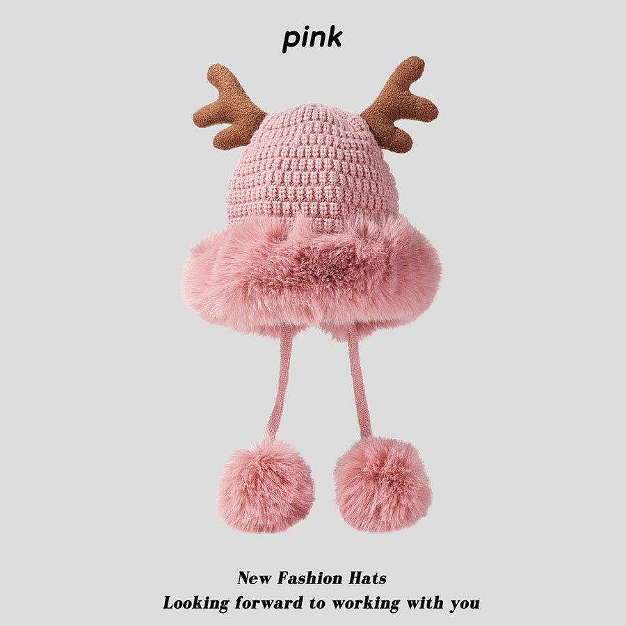 Pink Santa Hat Knitted Santa Claus Hat with Antlers Fluffy Winter Warm Beanie
