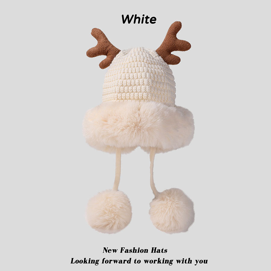 Pink Santa Hat Knitted Santa Claus Hat with Antlers Fluffy Winter Warm Beanie