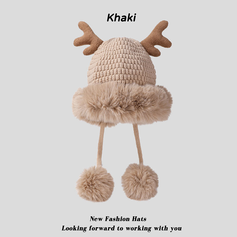 Pink Santa Hat Knitted Santa Claus Hat with Antlers Fluffy Winter Warm Beanie