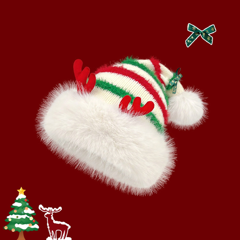 Cute Santa Hat Cut Out Red Knit Fleece Warm Antler Earflap Beanie