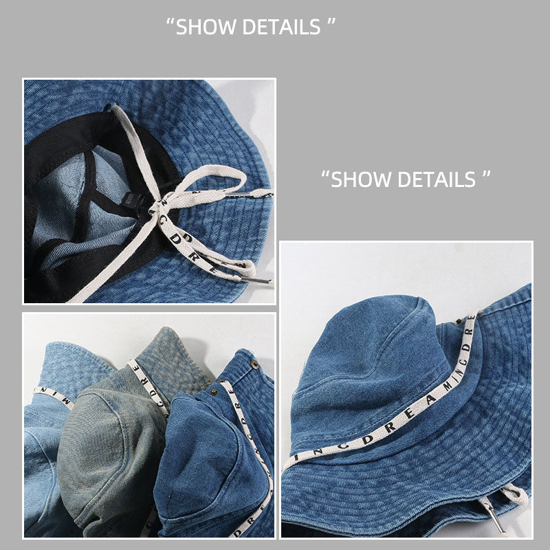 Bucket Hat with Strap | Retro Washed Large Brim Strap Bucket Hat for Women