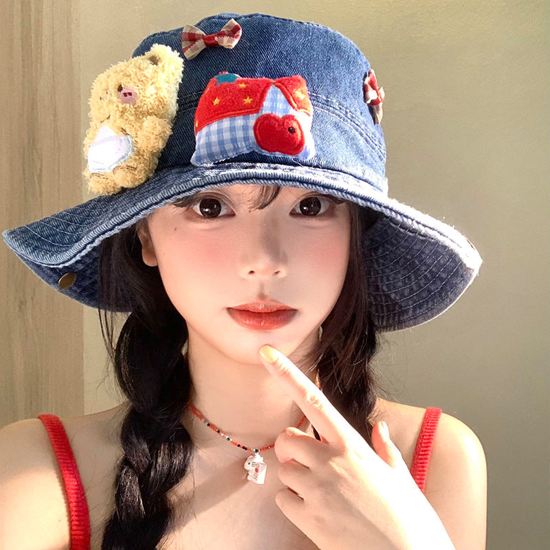Cubs Bucket Hat | Cute Denim Bucket Hat with Bow for Women Summer Sun Protection