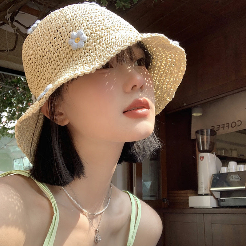 Floral Bucket Hat Flower Sun Cap Tweed Style Summer Straw Hat with Prints