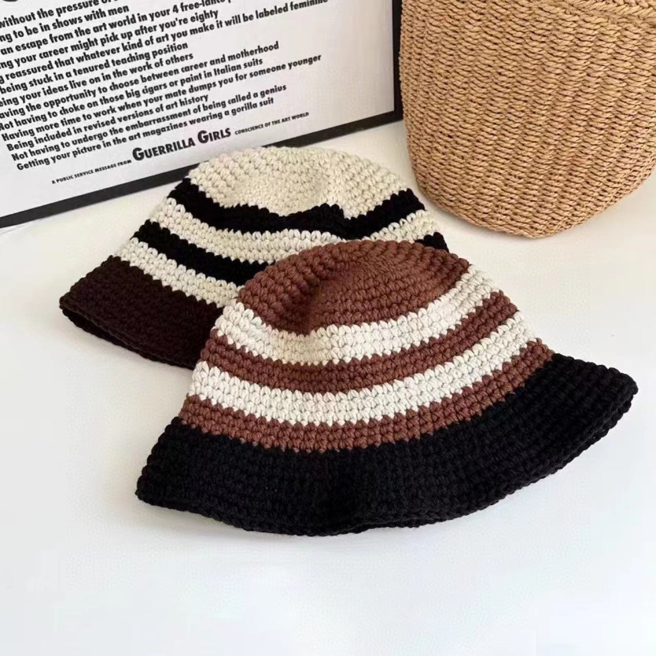 Handmade Crochet Bucket Hat for Women & Men - Striped Fisherman Style Winter