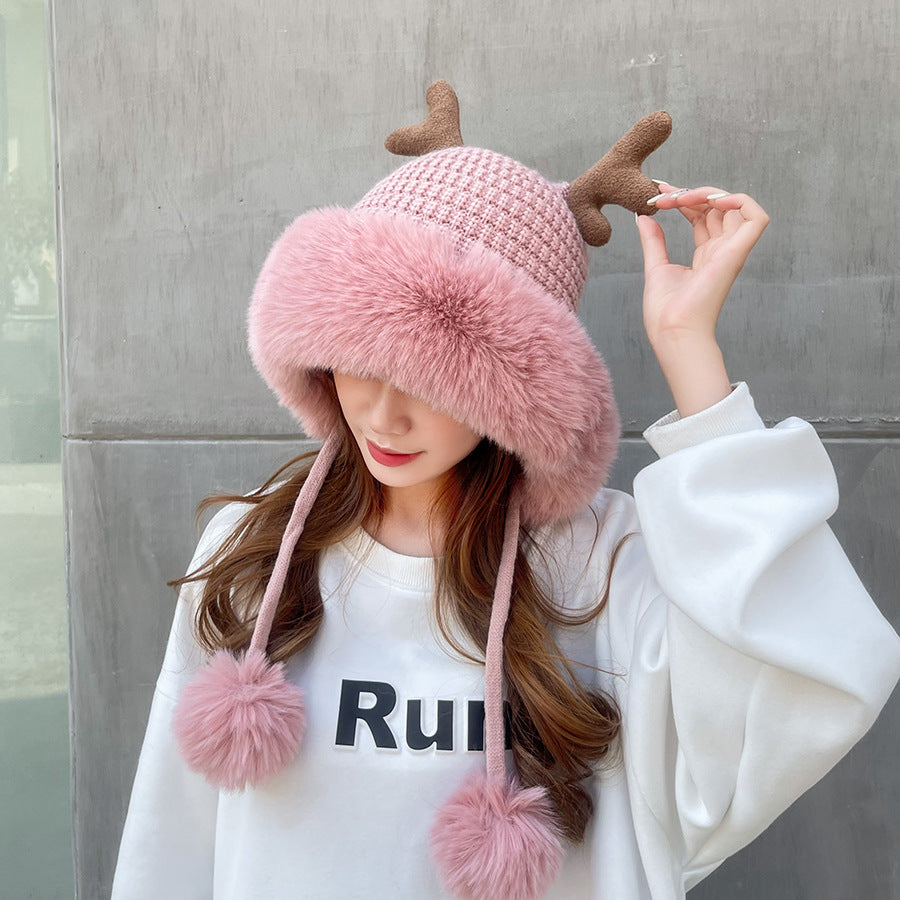 Pink Santa Hat Knitted Santa Claus Hat with Antlers Fluffy Winter Warm Beanie