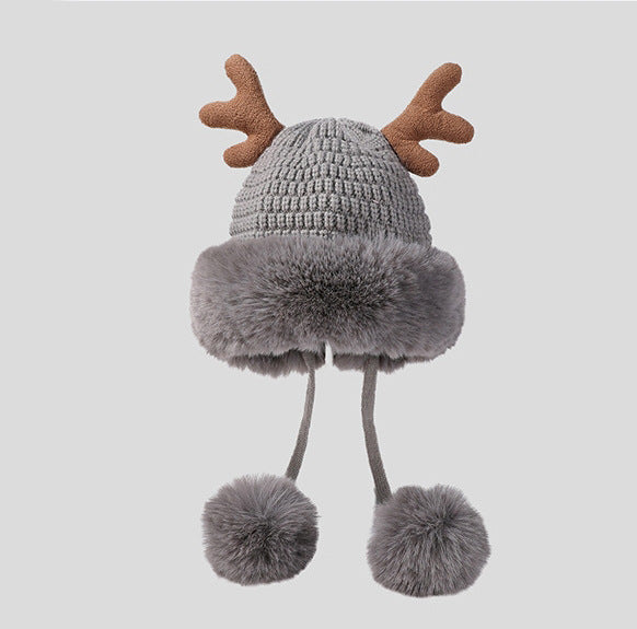 Pink Santa Hat Knitted Santa Claus Hat with Antlers Fluffy Winter Warm Beanie