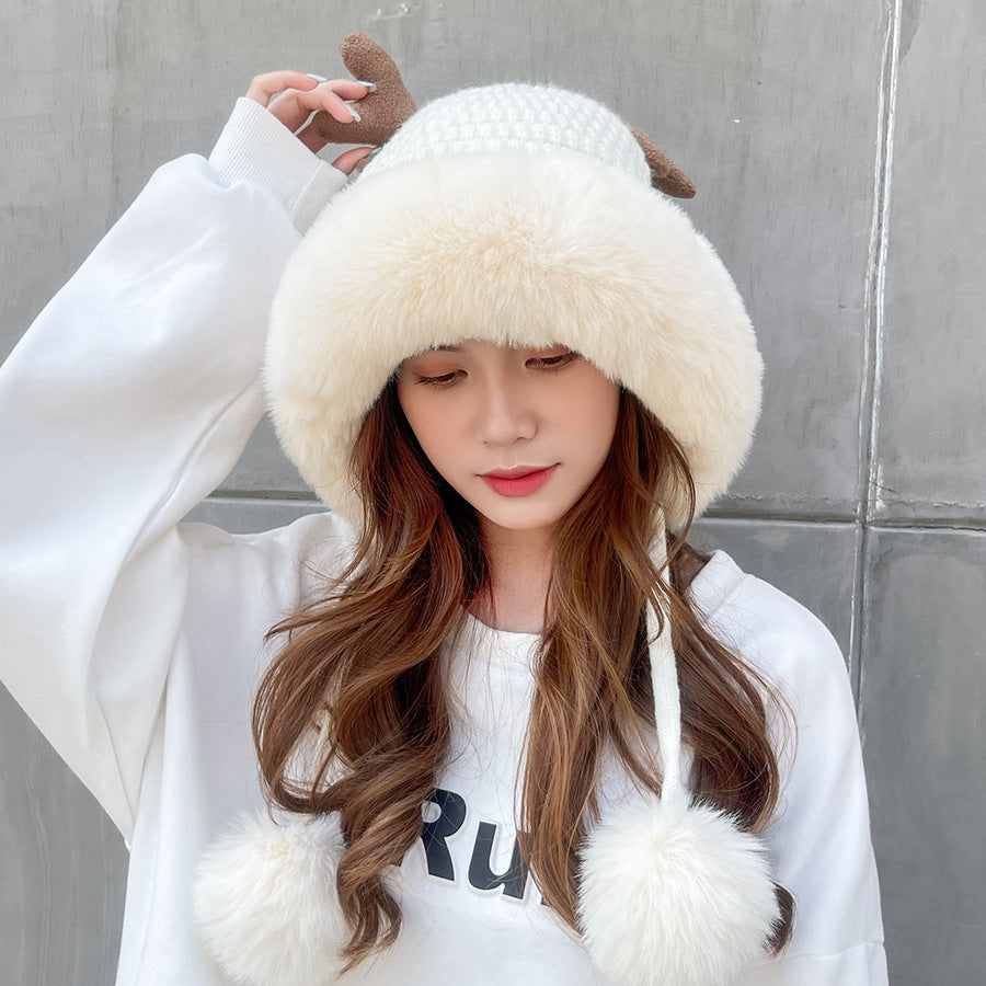Pink Santa Hat Knitted Santa Claus Hat with Antlers Fluffy Winter Warm Beanie