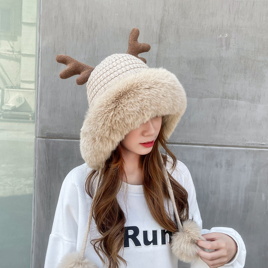 Pink Santa Hat Knitted Santa Claus Hat with Antlers Fluffy Winter Warm Beanie