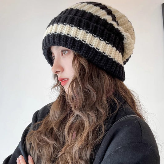 Striped Beanie Cream Tan Knit Winter Hat Soft Cozy Style