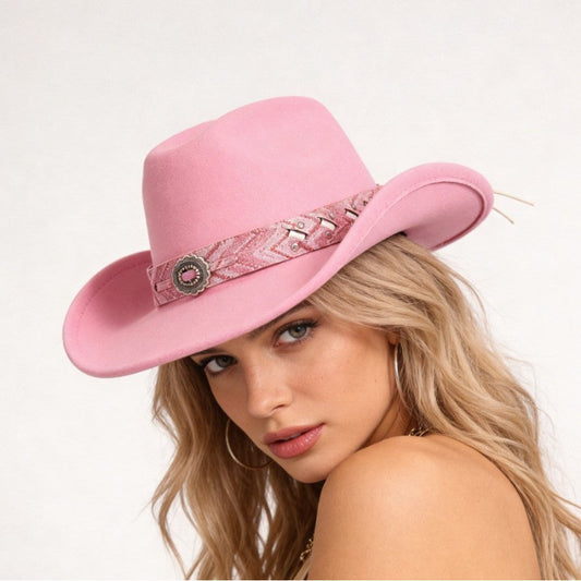 Pink Cowboy Hat Vintage Embossed Band Wide Brim Western Style