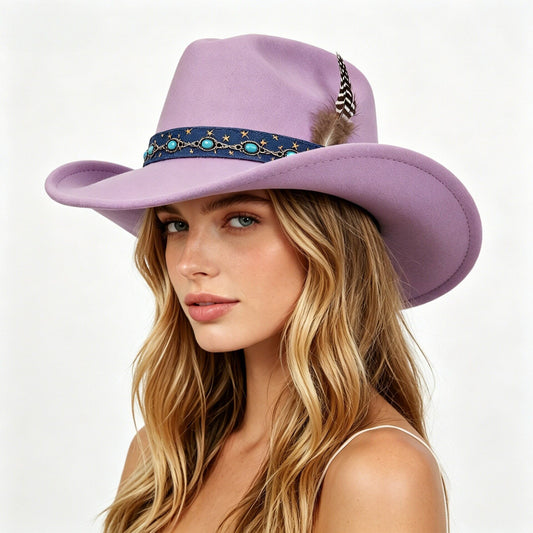 Purple Cowboy Hat Vintage Embroidered Western Style Wide Brim