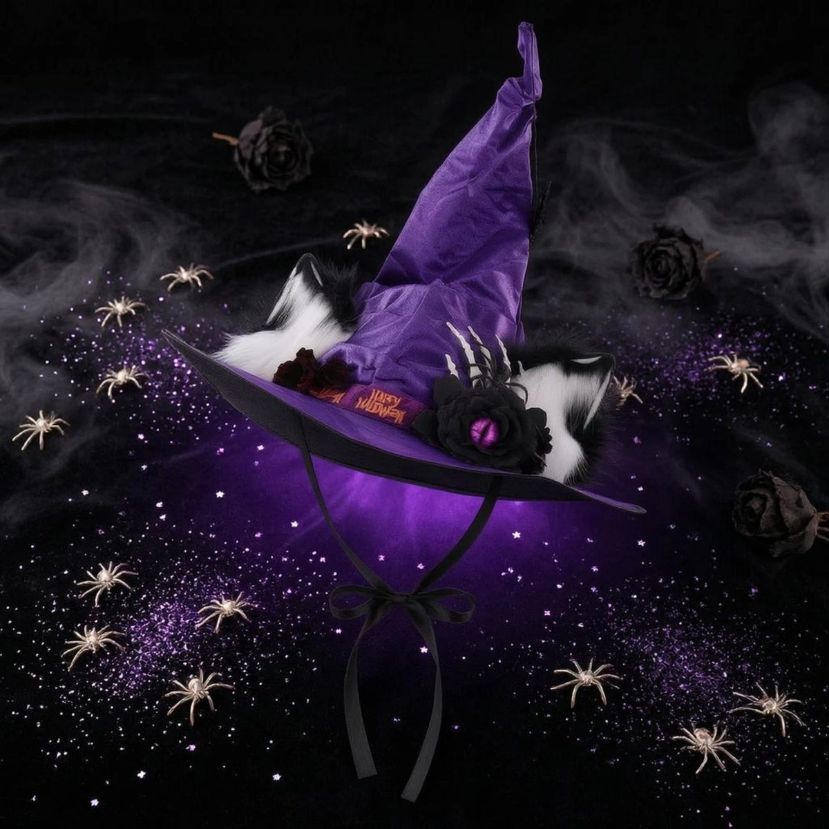 Purple Witch Hat with Furry Cat Ears and Skeleton Hand Halloween Costume
