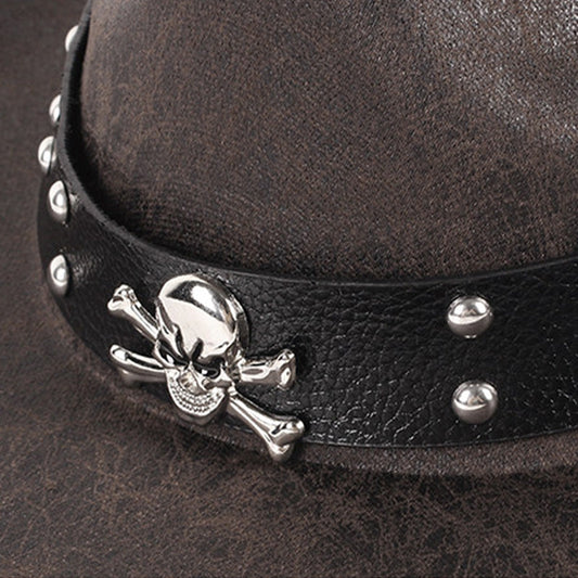 Skull Cowboy Hat PU Leather Western Style with Metal Studs Black