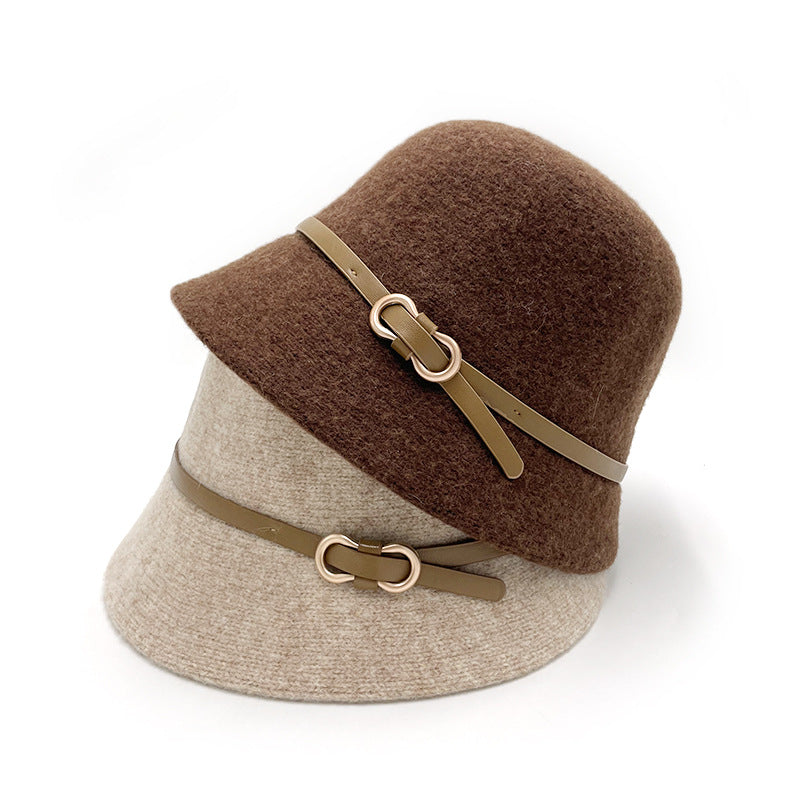 Tan Bucket Hat Palm Angels Style Brown Wool Knit Winter Fisherman Hat with Belt