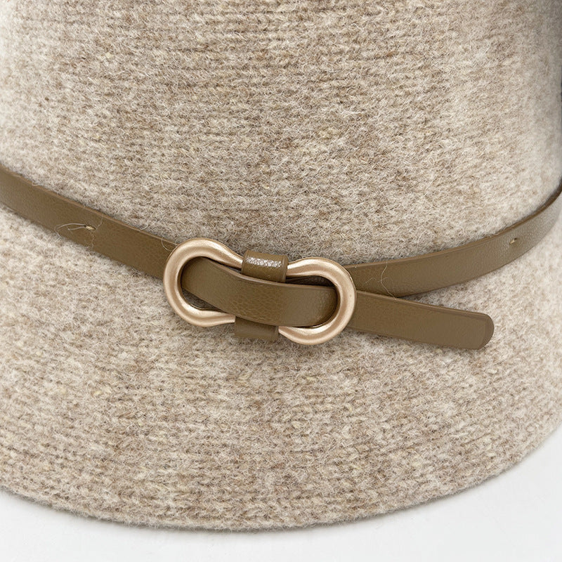 Tan Bucket Hat Palm Angels Style Brown Wool Knit Winter Fisherman Hat with Belt