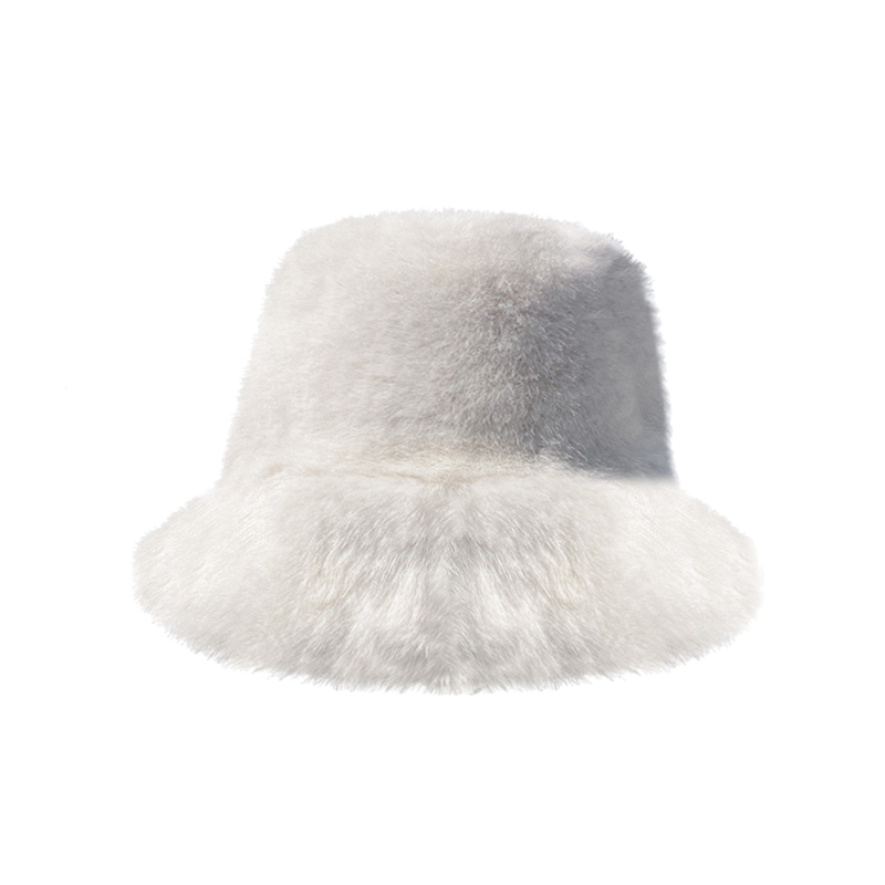 White Faux Fur Bucket Hat for Women – Winter Warm Furry Fisherman Hat, Soft Mink Style, Cozy & Stylish