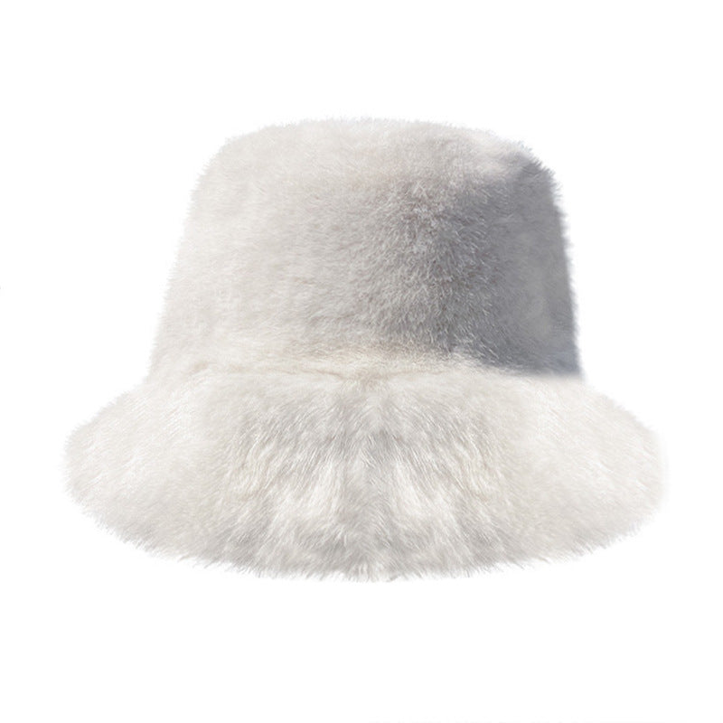White Faux Fur Bucket Hat for Women – Winter Warm Furry Fisherman Hat, Soft Mink Style, Cozy & Stylish