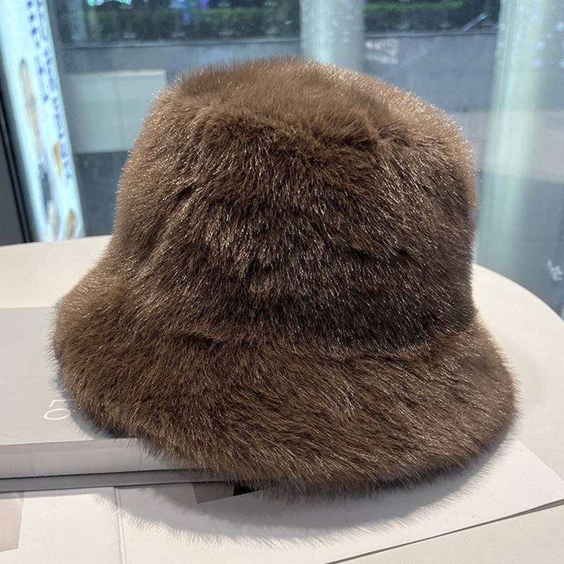 White Faux Fur Bucket Hat for Women – Winter Warm Furry Fisherman Hat, Soft Mink Style, Cozy & Stylish