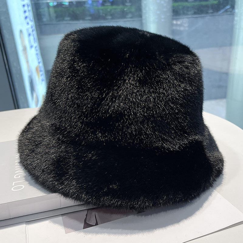 White Faux Fur Bucket Hat for Women – Winter Warm Furry Fisherman Hat, Soft Mink Style, Cozy & Stylish
