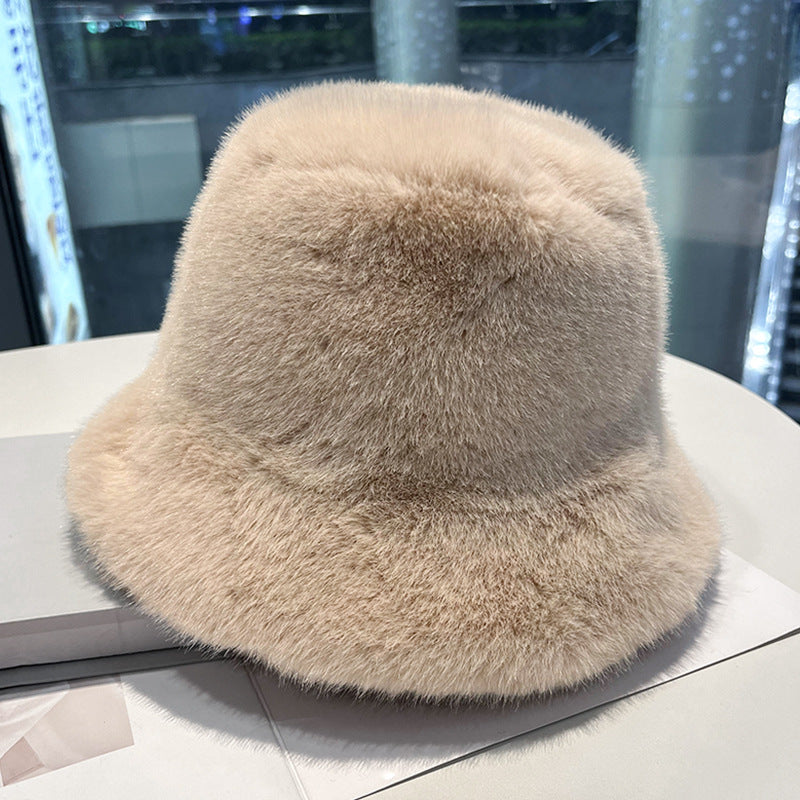White Faux Fur Bucket Hat for Women – Winter Warm Furry Fisherman Hat, Soft Mink Style, Cozy & Stylish