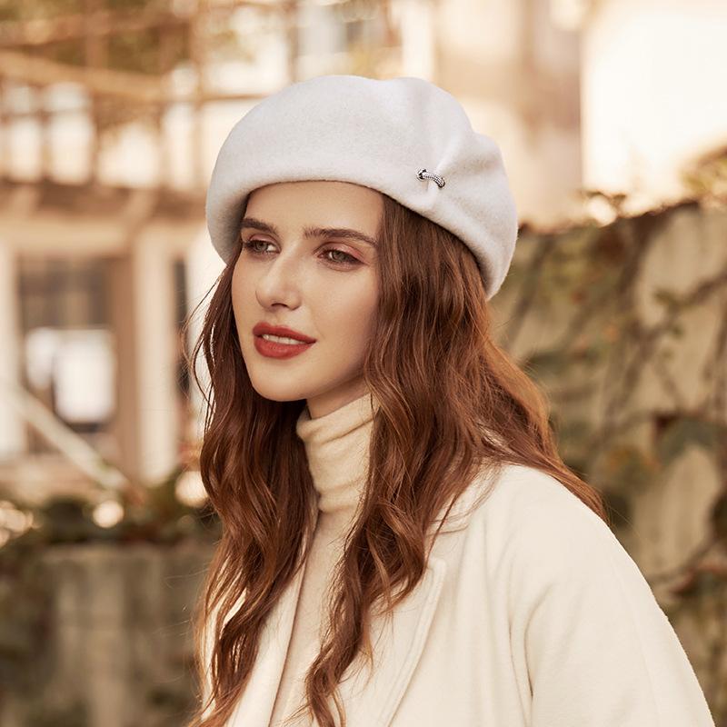 White Beret Wool French Hat Solid Color Beret Cap for Women Girls