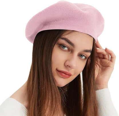 Pink Beret Wool French Hat Solid Color Beret Cap for Women Girls