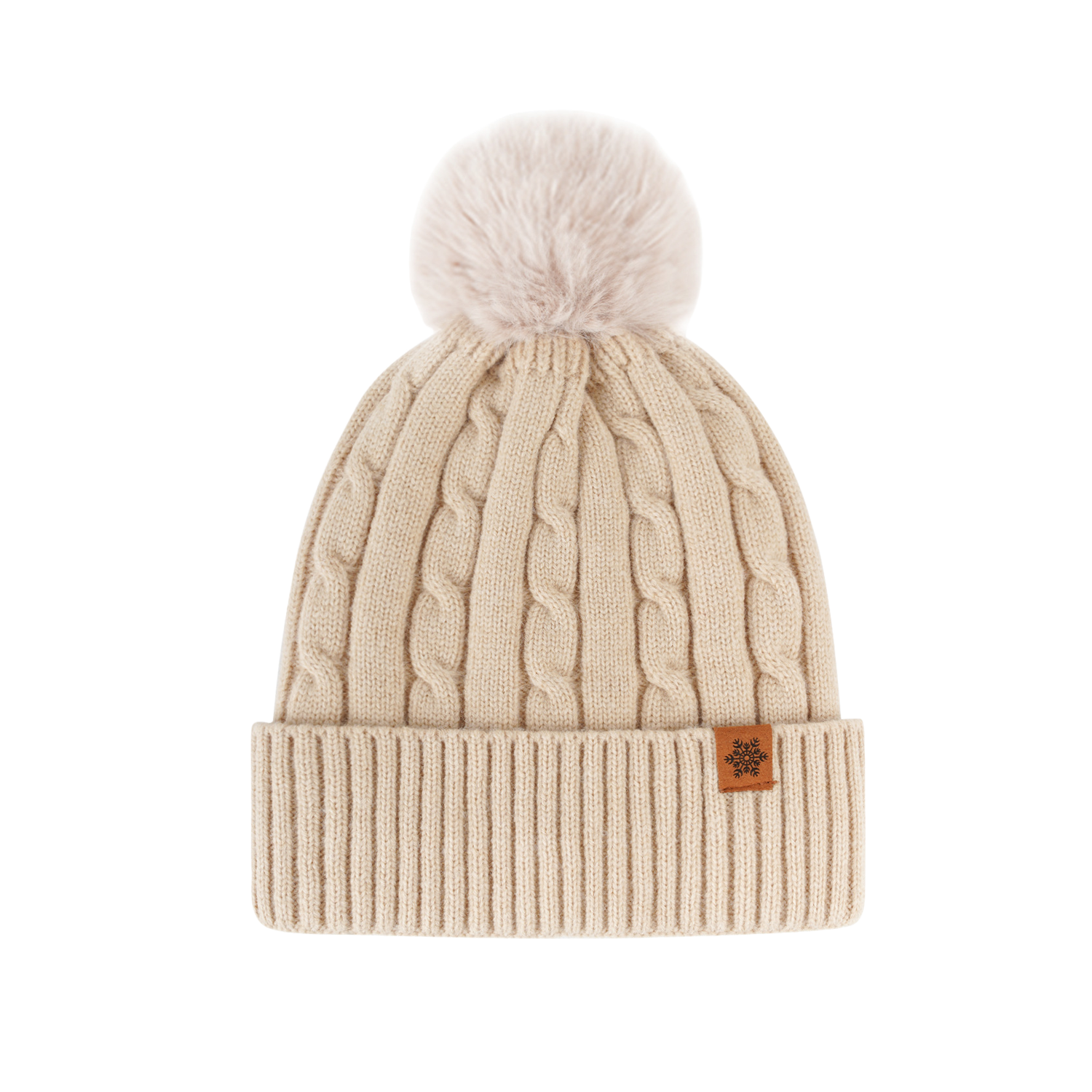 Pom Beanie Ivory Knit Hat with Faux Fur Pom Pom Soft Winter Style for Women