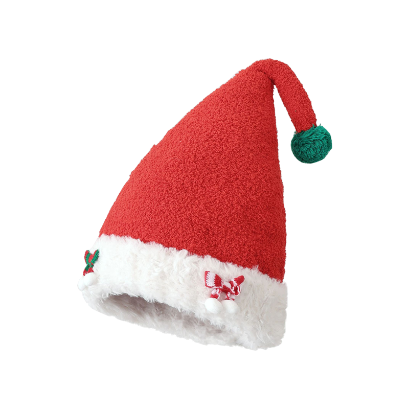 Red Santa Hat Fluffy Christmas Cap with Bow Thick Warm Earmuff Holiday Hat
