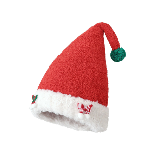 Red Santa Hat Fluffy Christmas Cap with Bow Thick Warm Earmuff Holiday Hat