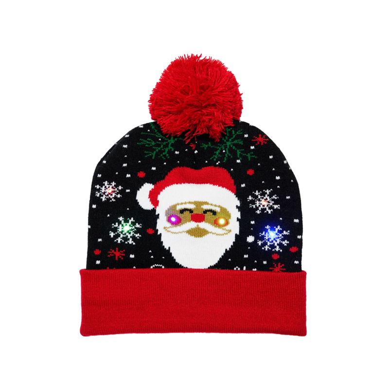 Black Santa Hat LED Knit Christmas Cap with Snowflake Pattern Light Up Beanie