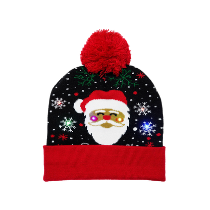 Black Santa Hat LED Knit Christmas Cap with Snowflake Pattern Light Up Beanie