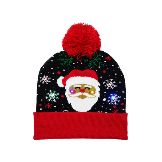 Black Santa Hat LED Knit Christmas Cap with Snowflake Pattern Light Up Beanie