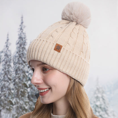Pom Beanie Ivory Knit Hat with Faux Fur Pom Pom Soft Winter Style for Women