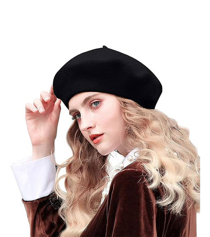 Black Beret Womens French Classic Beanie Hat Wool Beret Solid Color