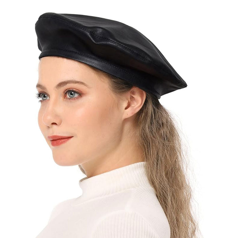 French Women's Beret Hats PU Leather Artist Painter Hat Classic Solid Style