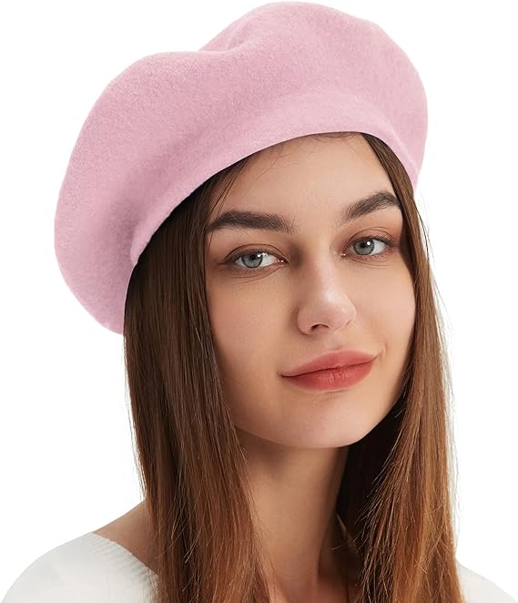 Pink Beret Wool French Hat Solid Color Beret Cap for Women Girls