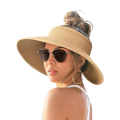 Sun Hats Women Chapeau Beach Cap Visor Wide Brim Straw Roll-Up Ponytail UV UPF