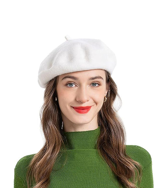 White Beret Wool French Hat Solid Color Beret Cap for Women Girls