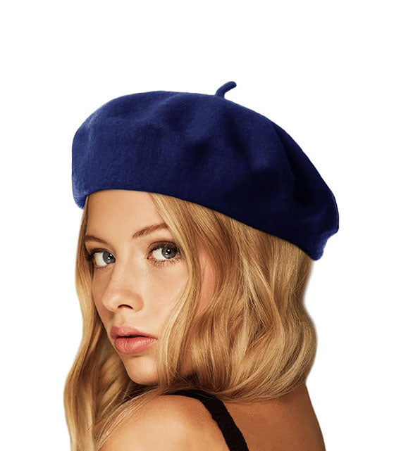 Blue Beret Wool Hat Solid Color French Style Winter Warm Cap for Women Girls Lady