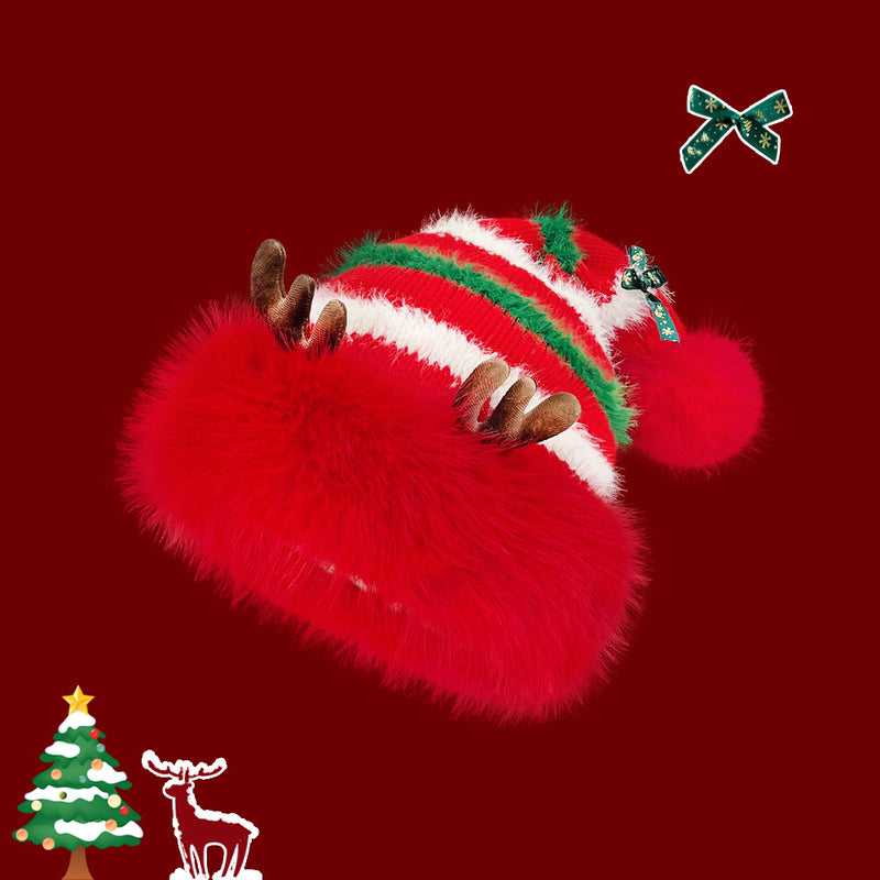 Cute Santa Hat Cut Out Red Knit Fleece Warm Antler Earflap Beanie