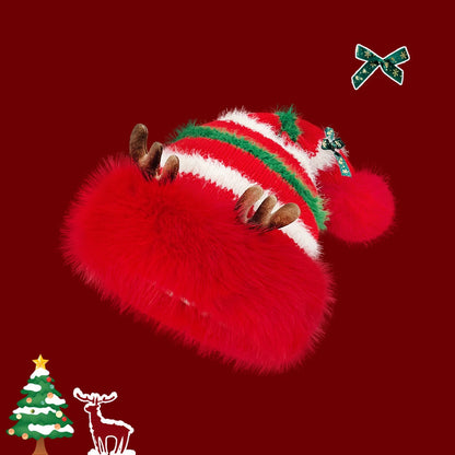 Cute Santa Hat Cut Out Red Knit Fleece Warm Antler Earflap Beanie