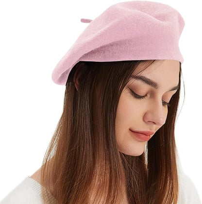 Pink Beret Wool French Hat Solid Color Beret Cap for Women Girls