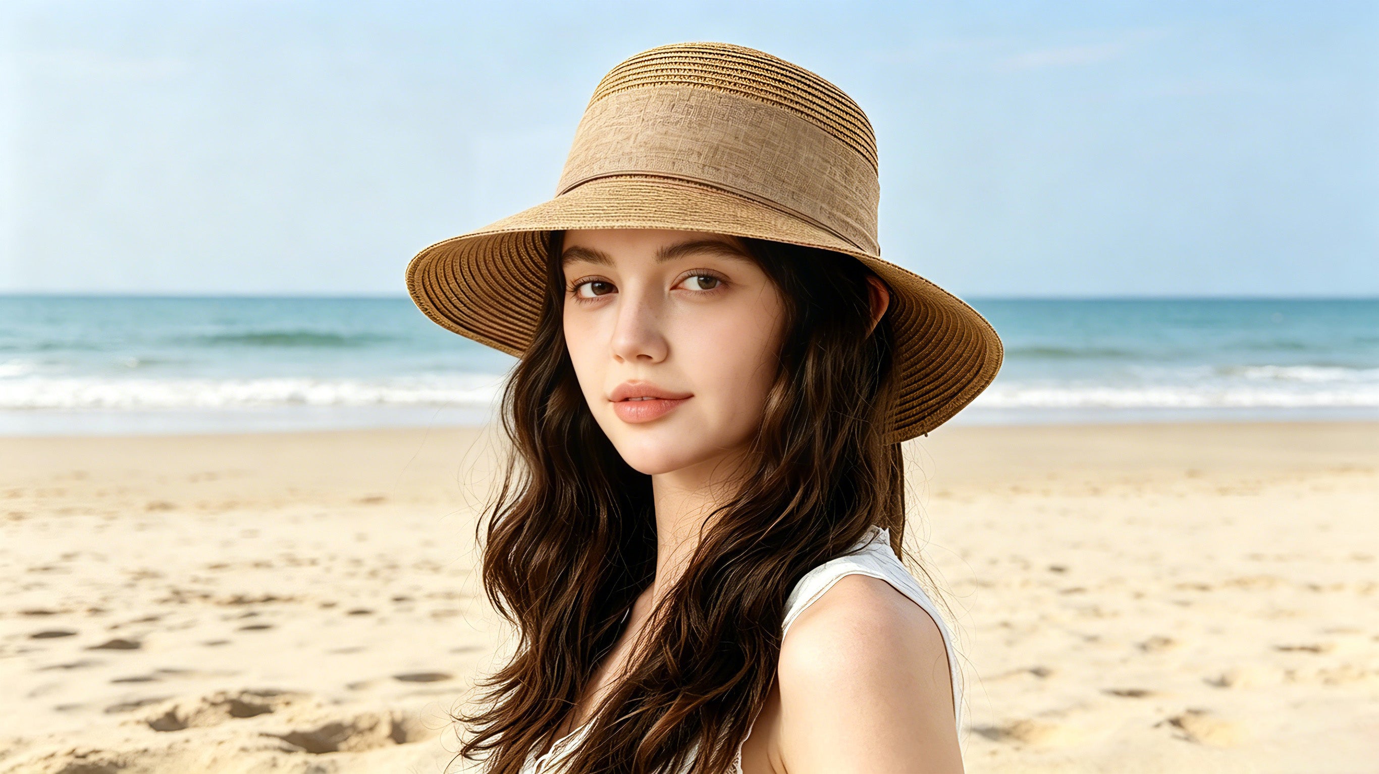 Summer Straw Hat for Women Beach Sun Hat with Ribbon Tie Vacation Style Bucket Hat