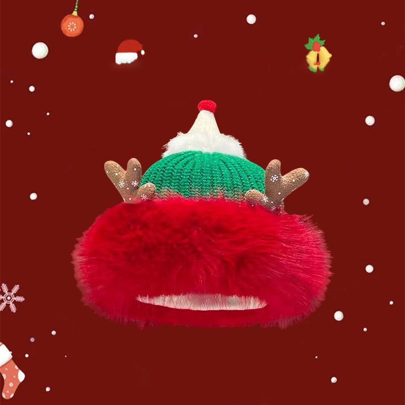 Cute Santa Hat Cut Out Red Knit Fleece Warm Antler Earflap Beanie