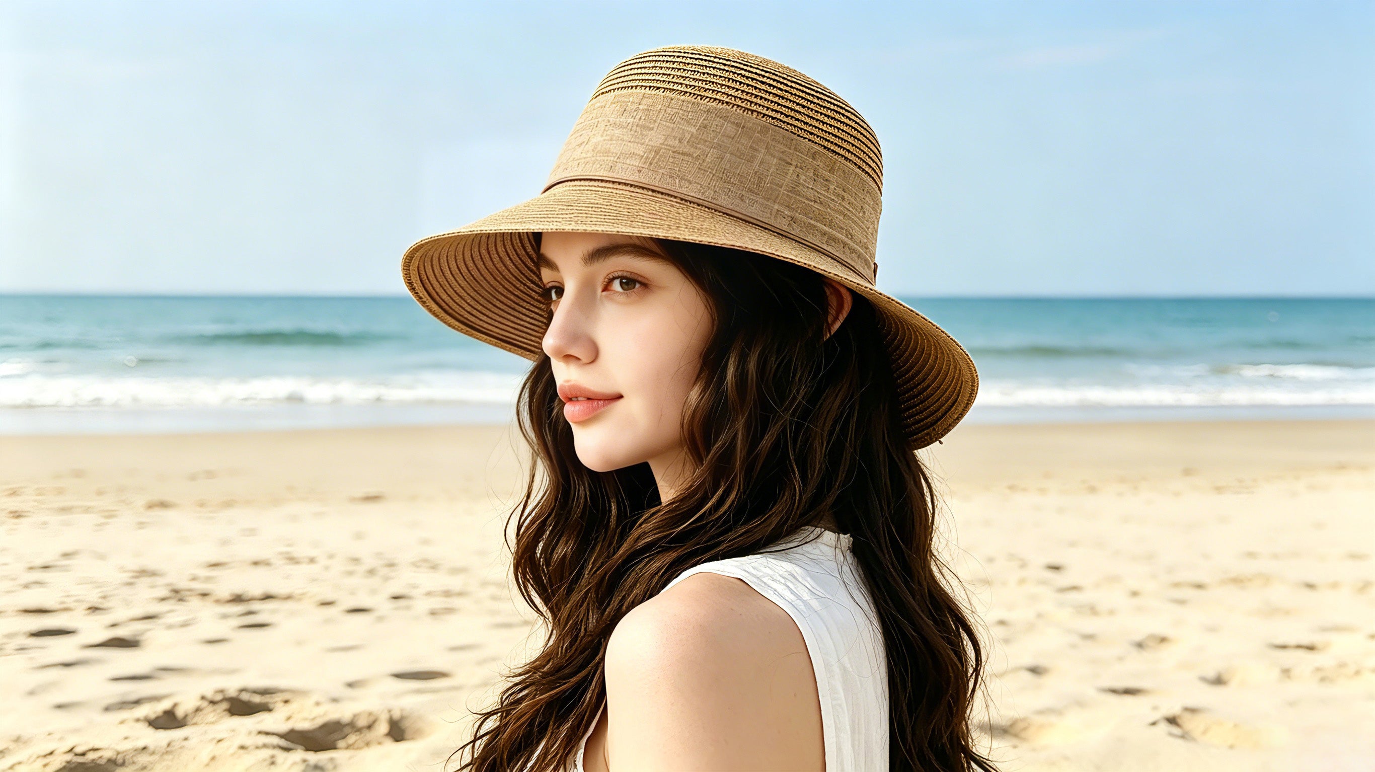 Summer Straw Hat for Women Beach Sun Hat with Ribbon Tie Vacation Style Bucket Hat